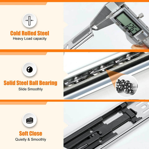 1 Pair | Soft Close Drawer Slides 22 inch, HBL’ Heavy Duty Cabinet Drawer Slides Replacement - Ball Bearing Full Extension, 200 LB Capacity, Made of Cold-Rolled Steel, Rust-Resistant & Long-Lasting showcasing materials and features