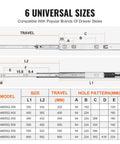 Size chart of Soft Close Drawer Slides Set With Heavy Duty Ball Bearing Full Extension Side Mount Rails for various lengths.