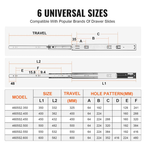 Size chart of Soft Close Drawer Slides Set With Heavy Duty Ball Bearing Full Extension Side Mount Rails for various lengths.