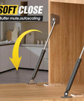 Drop Down Gas Struts, Gas Spring Hinge with 90 Degree Page Turning Axis installed on cabinet, demonstrating soft-close action