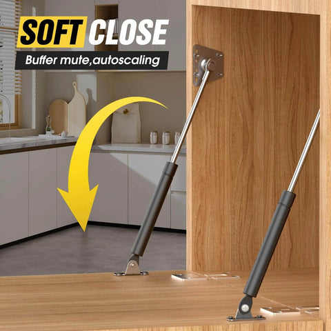 Drop Down Gas Struts, Gas Spring Hinge with 90 Degree Page Turning Axis installed on cabinet, demonstrating soft-close action