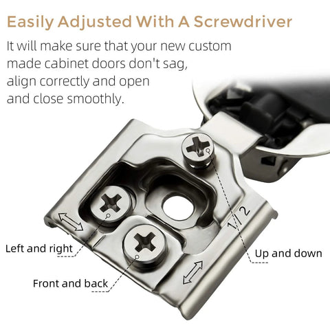 Close-up view of 10 Pack 5 Pairs One Half Inch Overlay Soft Close Hinges For Kitchen Cabinets Satin Nickel Concealed Stainless Steel Hidden Hinges Self Closing With 3 Way Adjustable Easy Install Quiet Door Closure showing screw adjustments.