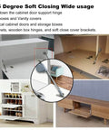 Collage of 105 Degree Soft Closing Support Rod Hinges for cabinets and toy boxes, showcasing pull-down bracket hinge installation.