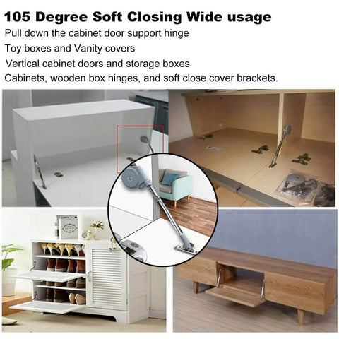 Collage of 105 Degree Soft Closing Support Rod Hinges for cabinets and toy boxes, showcasing pull-down bracket hinge installation.