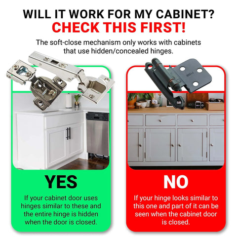 10 Pack Rok Hardware Soft Close Damper for Cabinet Doors application guide with example of hidden and concealed hinges