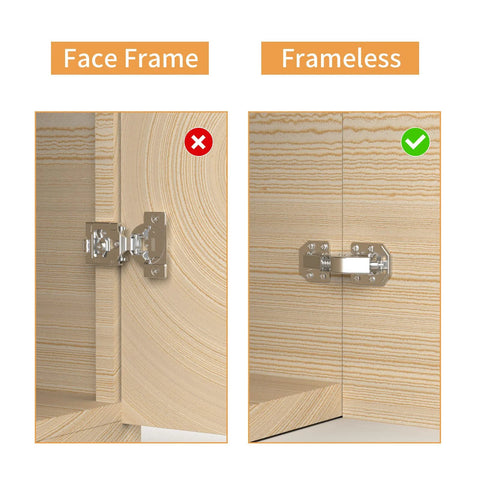 Comparison of face frame hinge versus 4 Pack 90 Degree Soft Close Surface Mount Spring Hinges With Easy Install No Pre Drilled Noiseless Frameless Concealed Kitchen Cabinet Hinges For Cupboard Replacement Hardware Ideal For All Cabinet Styles on frameless cabinet.