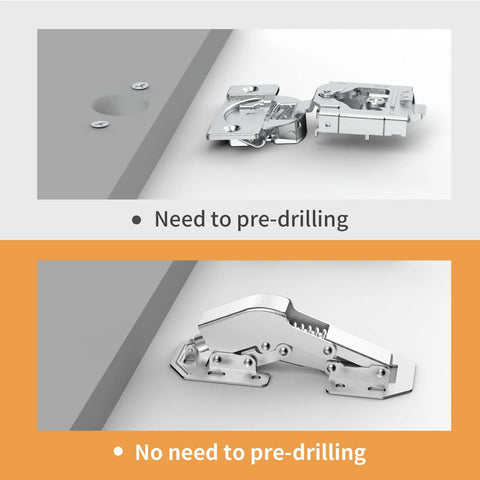 Comparison of pre-drilled hinge and 4 Pack 90 Degree Soft Close Surface Mount Spring Hinges With Easy Install No Pre Drilled Noiseless Frameless Concealed Kitchen Cabinet Hinges.
