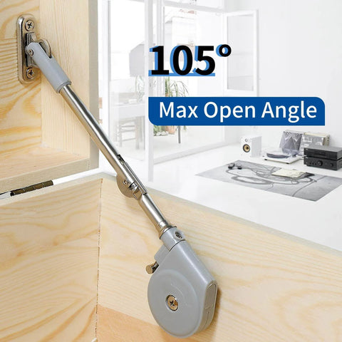 Lid Stay 105 Degree Open with Soft Close installed in wooden toy box showcasing max open angle mechanism