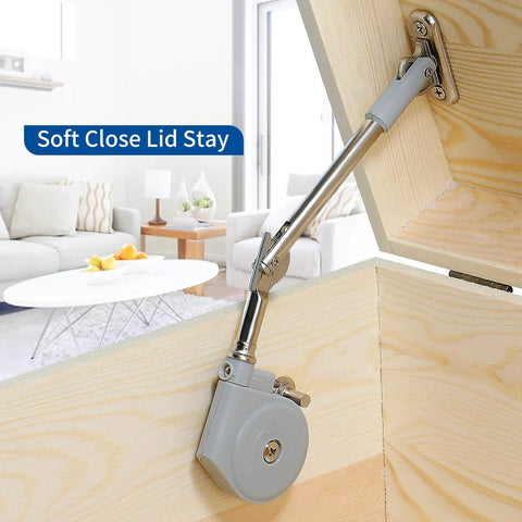 Lid Stay 105 Degree Open with Soft Close installed in a wooden cabinet for toy box lid support.