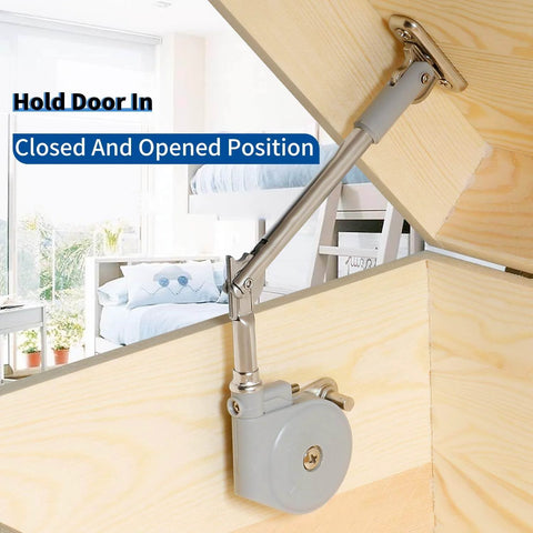 Lid Stay 105 Degree Open with Soft Close installed on wooden toy box, demonstrating upward-opening lid support in closed and open position
