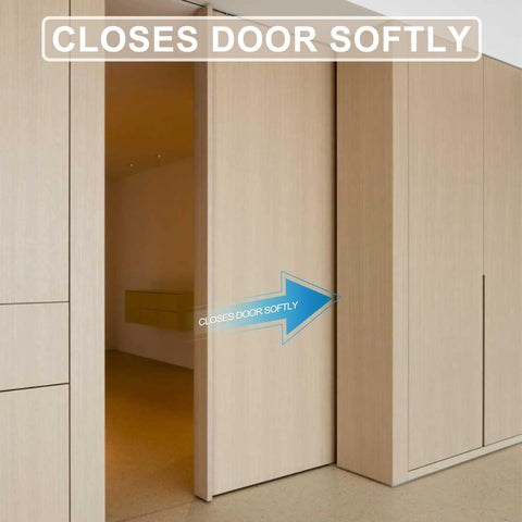 Sliding pocket door using Soft Close Hanger Replacement Kit 1060 with smooth closing in wooden frame, single direction.