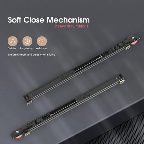 Soft close mechanism of 36" Concealed Sliding Barn Door Hardware Kit with Soft Close Mechanism for 28in Passage Opening, shown on a dark background.