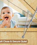 Two Pack Soft Close Toy Box Hinges With 150N Gas Strut displayed next to smiling baby for safe toy chest lid closure