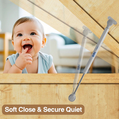 Two Pack Soft Close Toy Box Hinges With 150N Gas Strut displayed next to smiling baby for safe toy chest lid closure