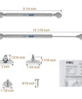 Two Pack Soft Close Toy Box Hinges With 150N Gas Strut and installation kit shown with measurements.