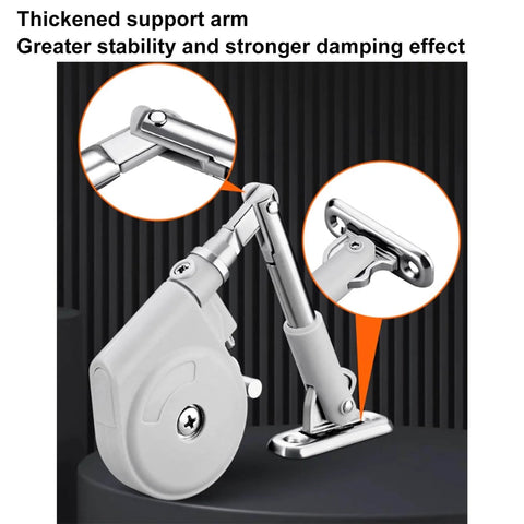 105 Degree Soft Closing Support Rod Hinges, Pull Down Bracket Hinge, silver finish, close-up on mechanism, stability and damping