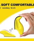 Hand holding yellow PU sanding block with ergonomic grip