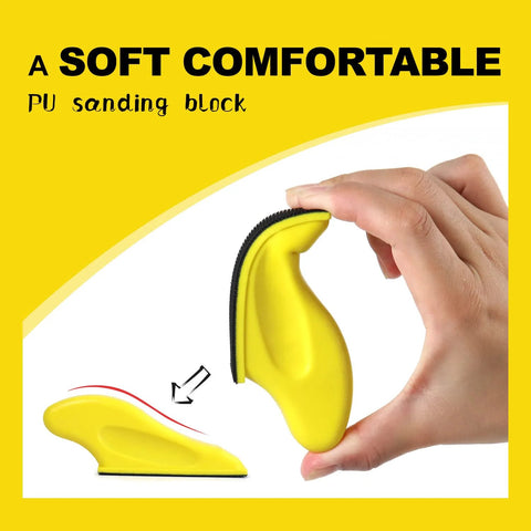 Hand holding yellow PU sanding block with ergonomic grip
