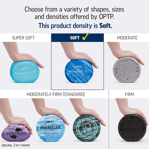 Comparative image showing different foam roller densities, featuring the Pro Roller Soft Density EVA Foam Roller For Physical Therapy Pilates Yoga And Muscle Recovery 36 Inch Blue Low Density Closed Cell Foam.