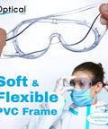 Anti Fog Safety Goggles FDA Registered Fits Over Glasses with flexible PVC frame demonstrated by a person in protective gear