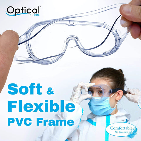 Anti Fog Safety Goggles FDA Registered Fits Over Glasses with flexible PVC frame demonstrated by a person in protective gear