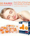 Soft Foam Sleep Ear Plugs 100 Pairs With 32dB NRR And 37dB SNR For Snoring Reduction, shows box and sleeping woman