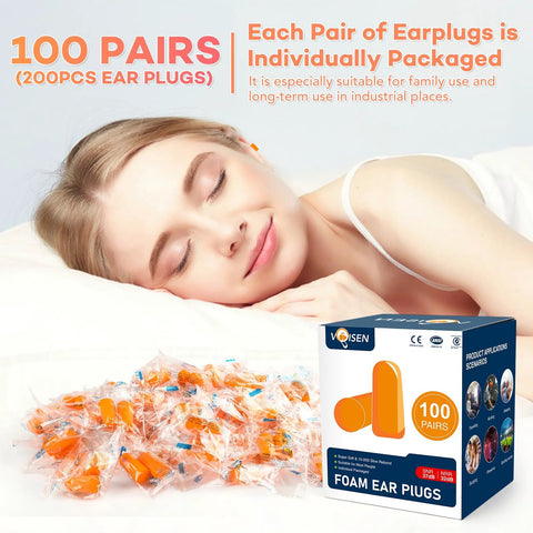 Soft Foam Sleep Ear Plugs 100 Pairs With 32dB NRR And 37dB SNR For Snoring Reduction, shows box and sleeping woman