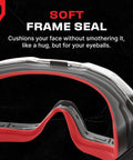 Close-up of Over Glasses Safety Goggles Anti Fog ANSI Z87.1 showing soft frame seal and red gasket for comfort.