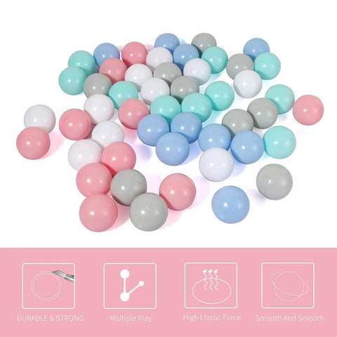 50 Balls Soft Plastic Ball Pit Balls for Kids in pastel macaron colors, non-toxic 2.2" diameter, ideal for ball pit play and decoration.