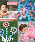Collage of kids playing with 50 Balls Soft Plastic Ball Pit Balls for Kids, featuring colorful balls in kiddie pool and on grass