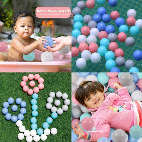 Collage of kids playing with 50 Balls Soft Plastic Ball Pit Balls for Kids, featuring colorful balls in kiddie pool and on grass