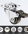 12 Pack 1 Inch Low Profile Soft Rubber Swivel Casters With 360 Degree Top Plate, includes brake, side view showing wheel and top plate.