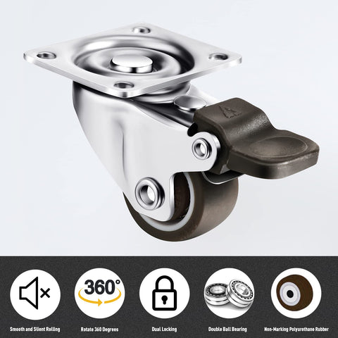 12 Pack 1 Inch Low Profile Soft Rubber Swivel Casters With 360 Degree Top Plate, includes brake, side view showing wheel and top plate.