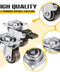Close-up of two 12 Pack 1 Inch Low Profile Soft Rubber Swivel Casters With 360 Degree Top Plate, one with brake feature.