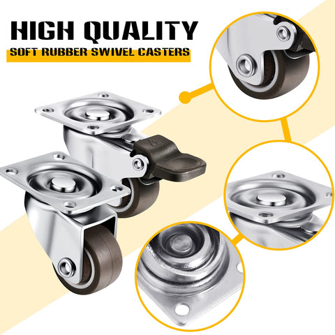 Close-up of two 12 Pack 1 Inch Low Profile Soft Rubber Swivel Casters With 360 Degree Top Plate, one with brake feature.
