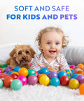 Baby and dog playing with Soft Plastic Mini Ball Pit Balls 50 Count - w/ 8 Vibrant Colors - Crush Proof, Non Toxic, BPA Free
