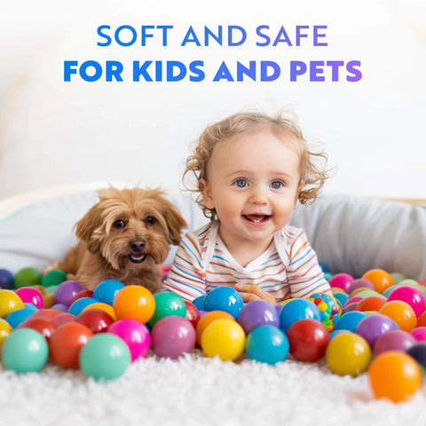 Baby and dog playing with Soft Plastic Mini Ball Pit Balls 50 Count - w/ 8 Vibrant Colors - Crush Proof, Non Toxic, BPA Free