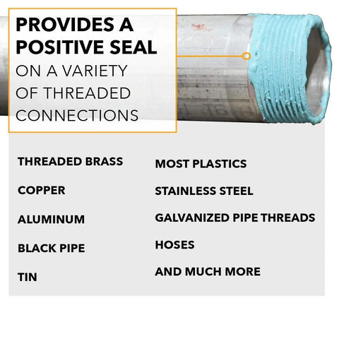 Soft-Set Pipe Thread Sealant For Metal And Plastic, Non-Hardening Paste That Prevents Leaks, applied to pipe thread, compatible materials list.