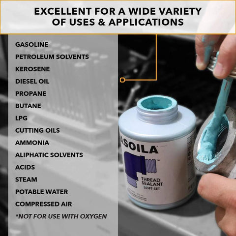 Soft Set Pipe Thread Sealant For Metal And Plastic Non Hardened Paste With Brush Cap Quarter Pint For Leak Proof Drip Resistant High Temperature Tolerance To 600 Fahrenheit Works On Brass Copper Stainless Steel Aluminum Made In USA By Gasoila, shown with brush applicator in hand.