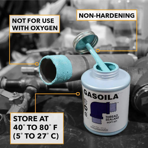 Soft Set Pipe Thread Sealant For Metal And Plastic By Gasoila, Non Hardening Paste With Brush Cap, reliable leak prevention, visual example.