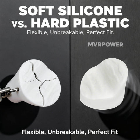 Comparison of cracked hard plastic and intact soft silicone, illustrating flexibility and durability.