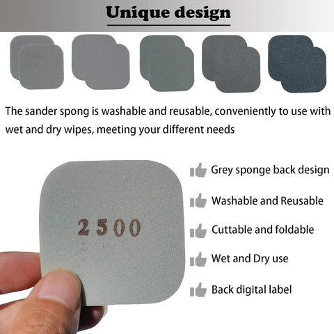 Hand holding 2500 grit pad from 54 Pack Soft Touch Sanding Pads 2x2 Mesh Grit Pads 320 To 3500 For Plastic