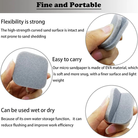 Hands holding 54 Pack Soft Touch Sanding Pads 2x2 Mesh Grit Pads 320 To 3500 For Plastic, highlighting flexibility and portability.