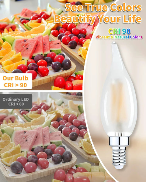 Soft White 2700K Dimmable E12 LED Bulbs 60W Equivalent Frosted Glass For Chandeliers CRI 90 vibrant color comparison image