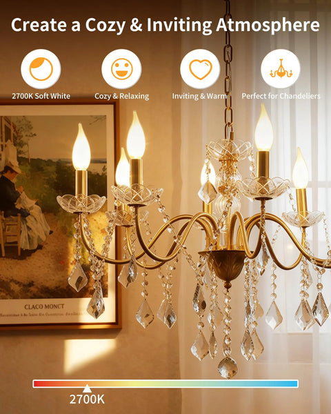 Soft White 2700K Dimmable E12 LED Bulbs 60W Equivalent Frosted Glass installed in chandelier, creating cozy atmosphere