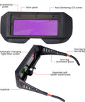 Auto Darkening Welding Glasses Solar Powered Adjustable Shade Two Sensors with labeled features and components