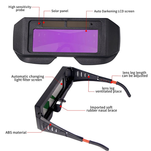 Auto Darkening Welding Glasses Solar Powered Adjustable Shade Two Sensors with labeled features and components