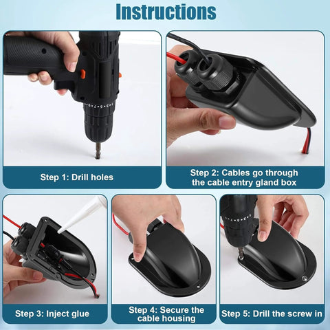 Two Pack Weather Resistant Solar Cable Entry Gland Dual Cable Entry Housing installation steps with drill and cables