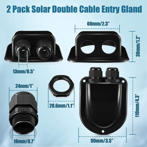Two Pack Weather Resistant Solar Cable Entry Gland Dual Cable Entry Housing For All Types 3mm2 To 10mm2 RV Caravan Marine