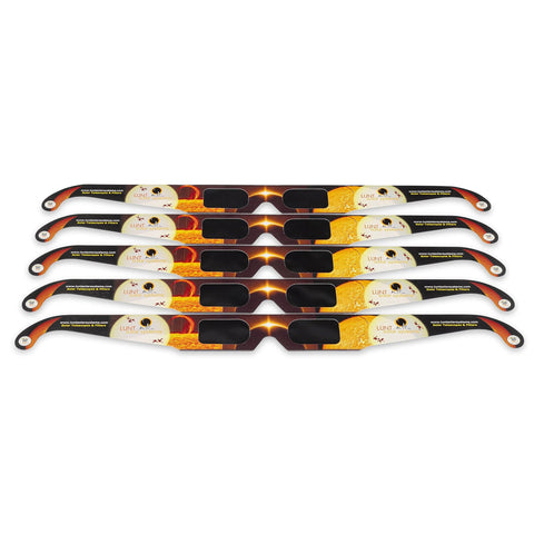 Pack of 6 colorful AAS Approved ISO and CE Solar Eclipse Glasses for 2026 Total Eclipse in Spain, arranged horizontally.
